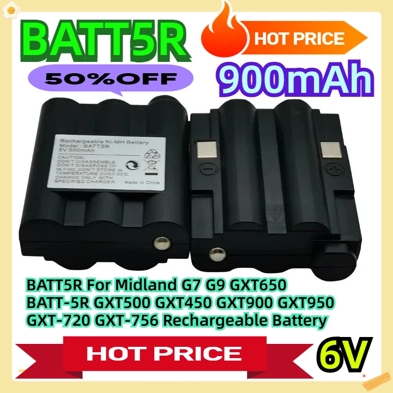 

BATT5R For Midland G7 G9 GXT650 BATT-5R GXT500 GXT450 GXT900 GXT950 GXT-720 GXT-756 Rechargeable Battery 6V 900mAh 2pcs