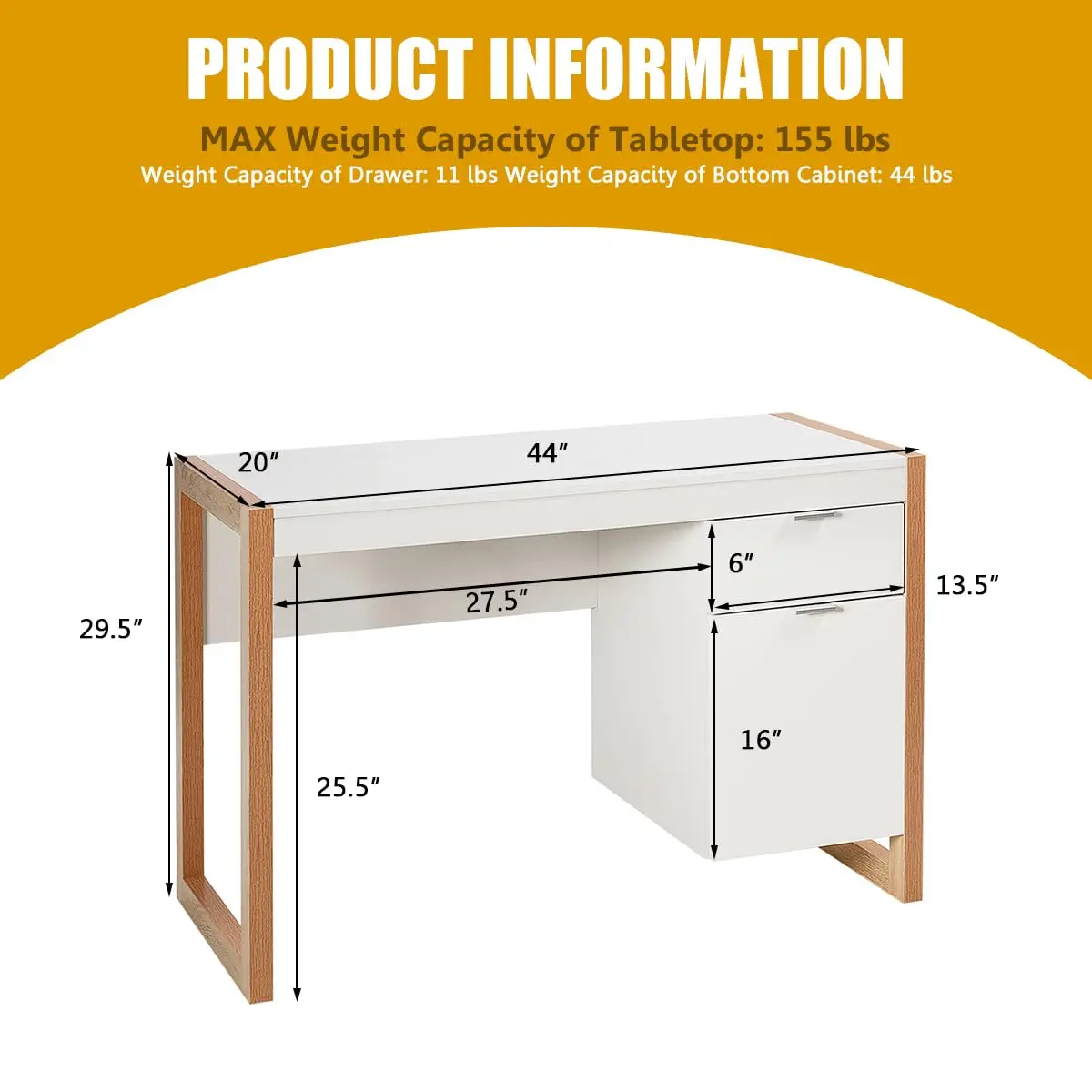 Wooden Desk with Drawer & Cabinet, PC Laptop Workstation Study Table for Bedroom Office, White & Natural, Customized