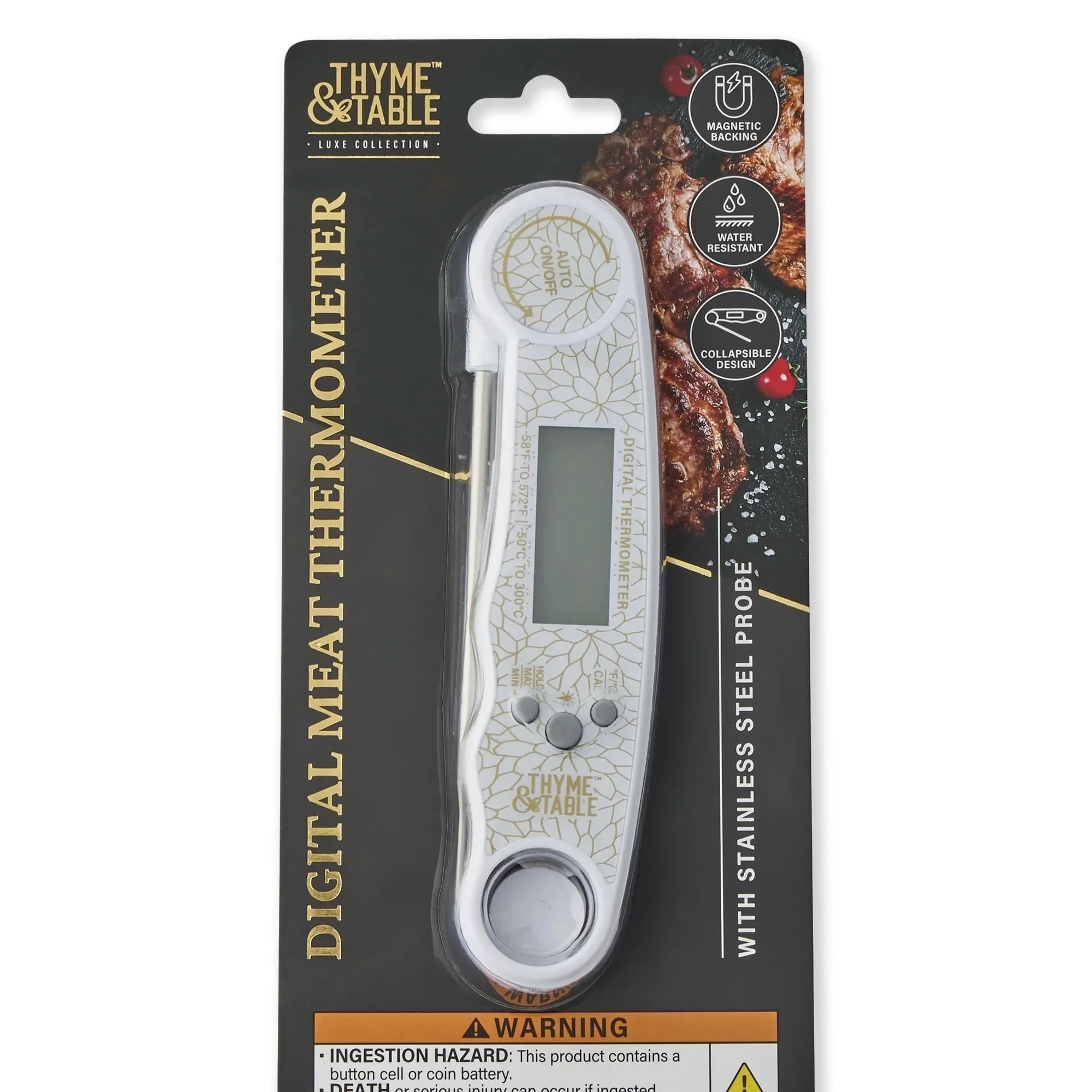 ميزان حرارة اللحوم الرقمي القابل للطي مع مسبار من الفولاذ المقاوم للصدأ، مقاوم للماء