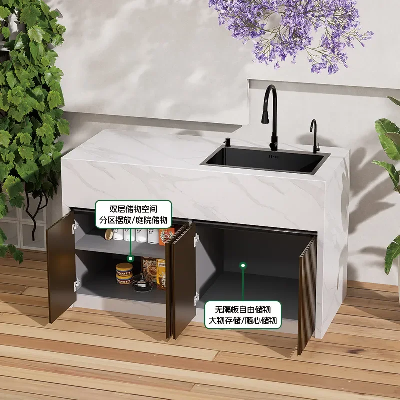 Outdoor Balcony Rock Slab Bar Counter Against Wall Grid Fence Courtyard Open Air Sink Custom Multi Functional Home