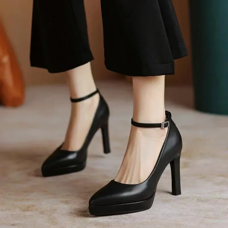 New White High Heels Women Spring Ankle Straps Pointed Toe Platform Casual Shoes for Women Classic Comfortable Women Work Shoes