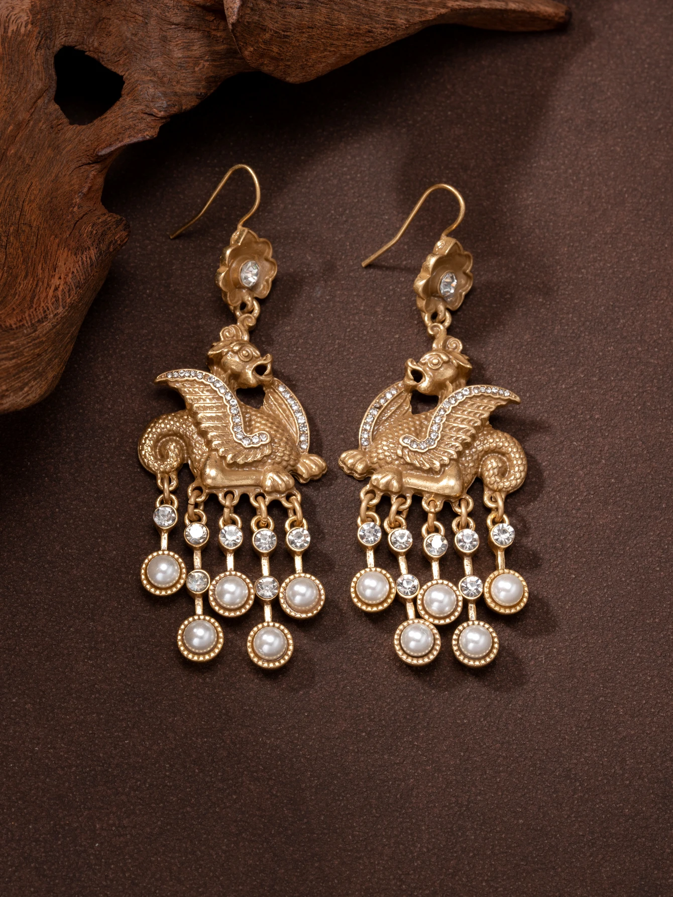 Vintage Distressed Gold Mythical Creature Embossed Tassel Earrings
