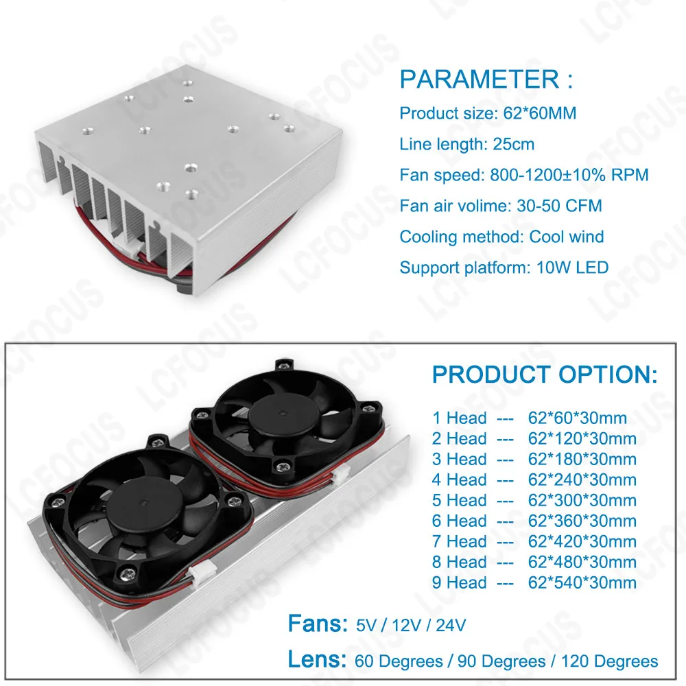 Imagem -02 - Dissipador de Refrigeração Lamp Lente Led Radiadores 60 90 120 Graus Lente 45 mm Suporte 5v 12v 24v Fans 10w Chip Cob