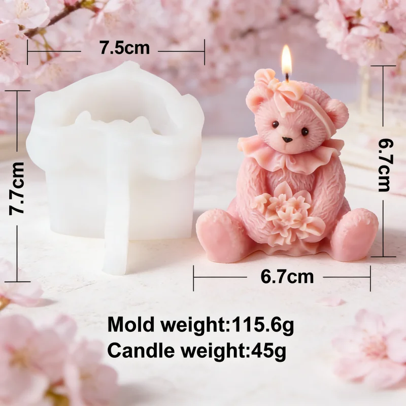 3D Cute Teddy Bear Silicone Candle Mold, Bow & Flower Bear Wax Mould for DIY Candle Making, Resin Plaster Craft Gift
