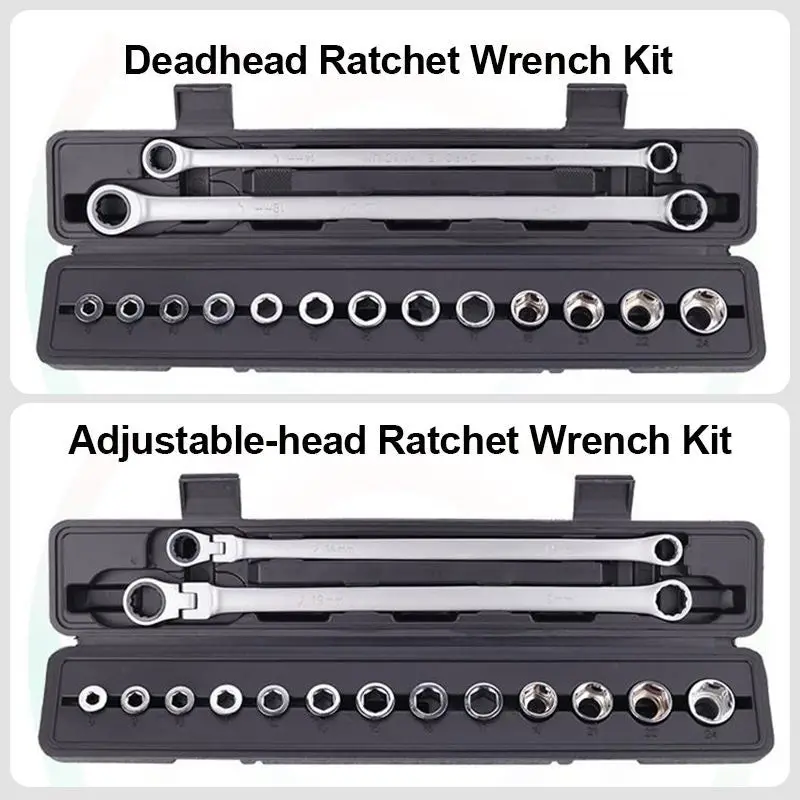 15pcs Adjustable Ratchet Wrench Kit 8-24mm Metric 180 Degrees Adjustable Chrome Vanadium Steel Ratchet Wrenches Spanner