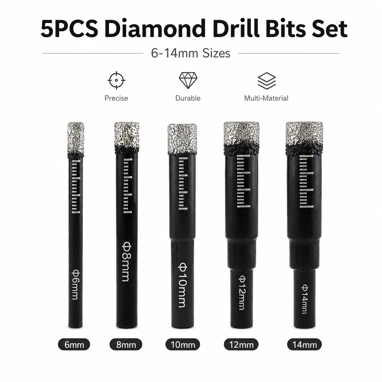 5Pcs Diamond Core Drill Bits Set 6‑14mm Vacuum Brazed for Ceramic Tile Marble Stone Glass Drilling