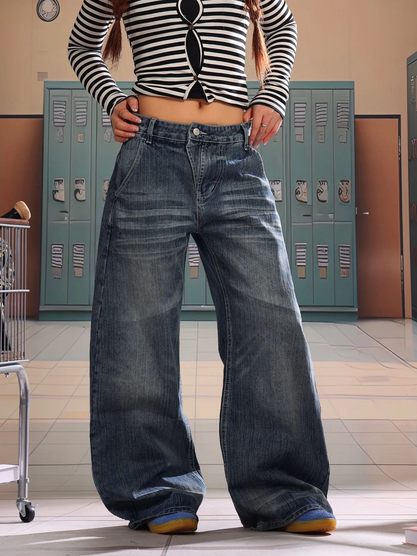 

Светло-голубые американские винтажные джинсы женские свободного кроя с широкими штанинами, длинные брюки, джинсовая ткань, комфортная посадка, размер L