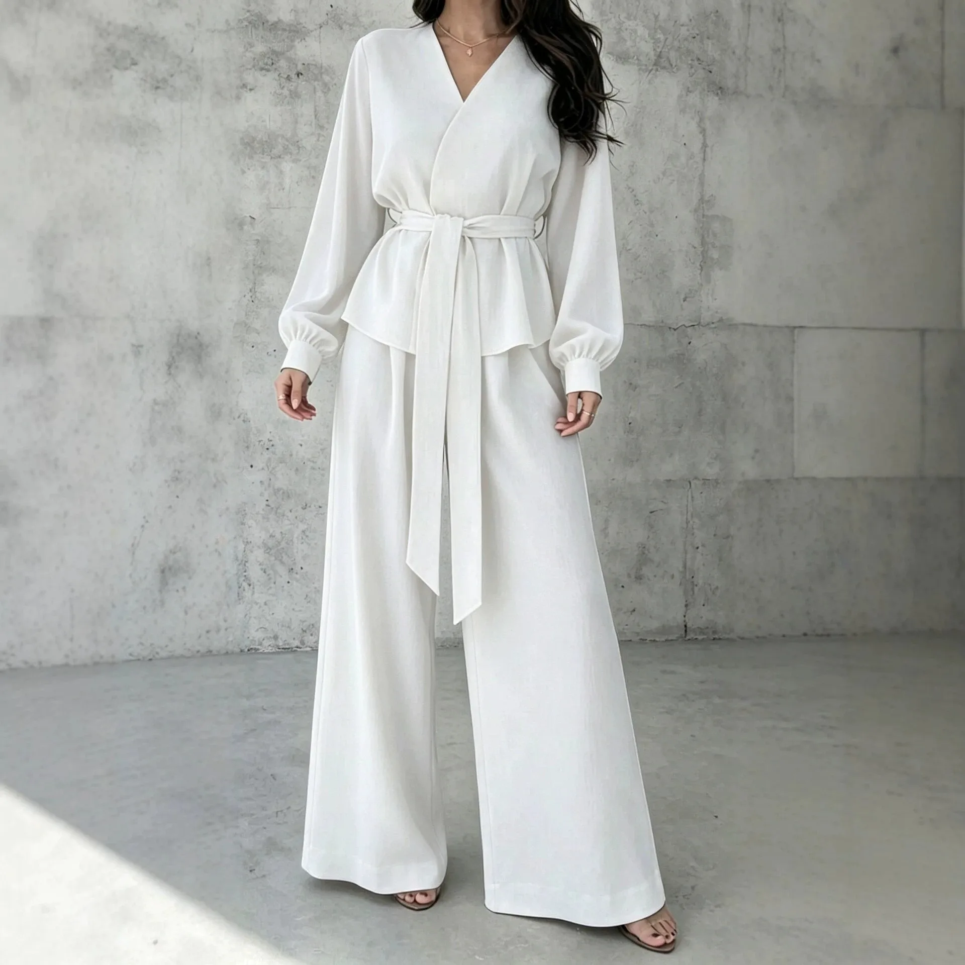 Casual Tie Set with Full Length Literary Retro Style Open Front Cardigan Gathered Detail Long Pants Long Sleeve Women Sets