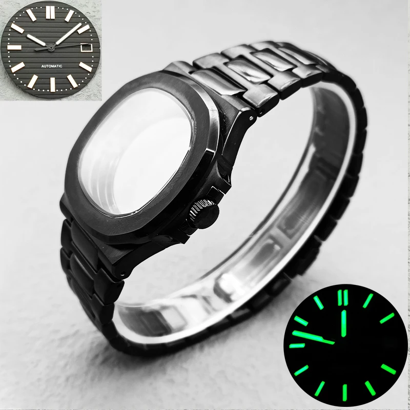 

41mm NH35 Case Dial Hands Black Stainless Steel Bracelet Watchband for Nautilus NH35 Movement Transparent Back Repair Replace