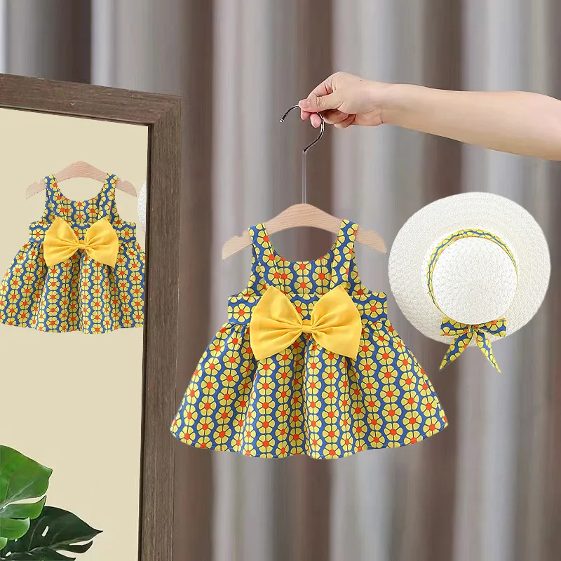 2Pcs/SetSummer Girl Baby Sleeveless Dress Girl Baby Sweet Sunflower Princess Dress Children\'s Skirt Gift Hat