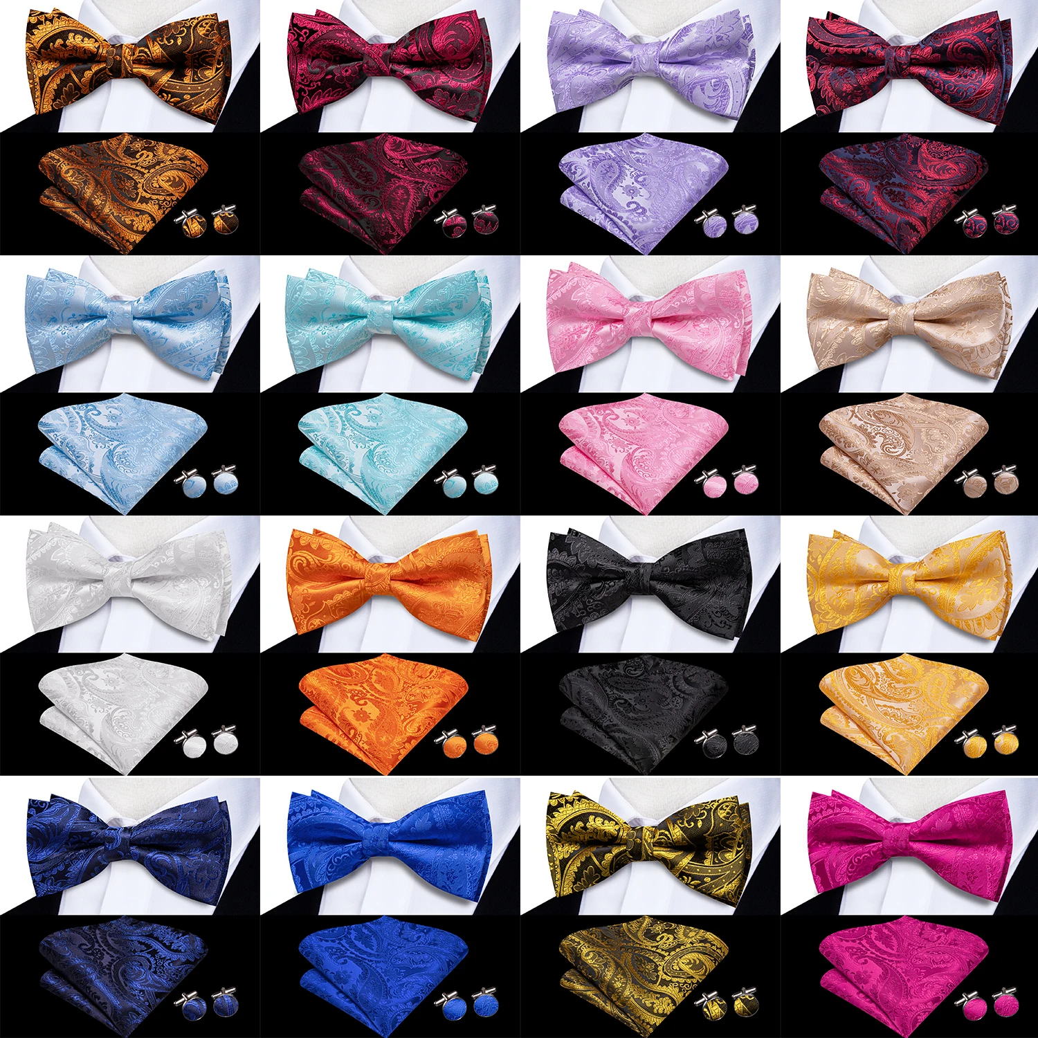 Hi-Tie Silk Mens Colorful Bow Tie Hanky Cuffs Set Purple Orange Pre-tied Butterfly Knot Bowtie for Wedding Business