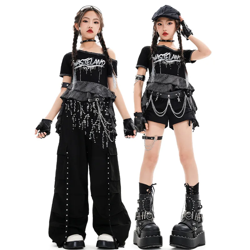 

Girls Street Dance Clothes Fashion Short Sleeve Tops Baggy Pants Cheerleading Dance Performance Costumes Group Hip Hop Suit