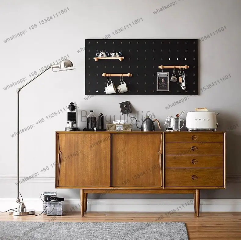 

Nordic retro dining side cabinet solid wood simple walnut color storage cabinet