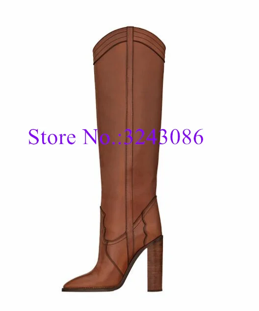 New Brown Leather Chunky Heel Woman Long Boots Fashion Thick Heel Near the Knee Boots Sexy Winter Female Shoes Dropship