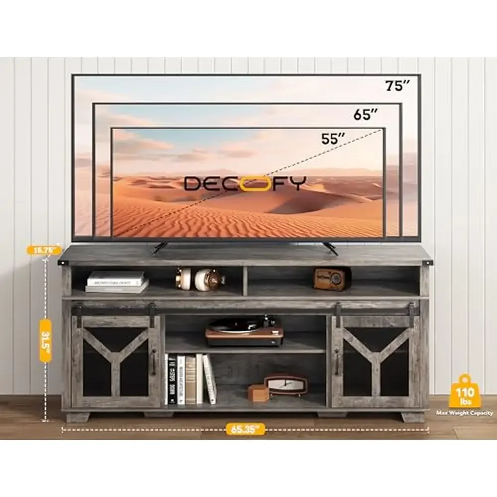 Entertainment Center TV Stand 75-inch Barn Doors LED Lights Storage Cabinets Farmhouse Style Media Console Table Wood Display