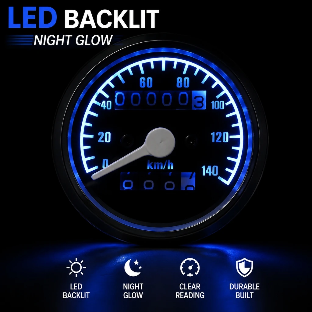 Vintage Motorcycle Round Mechanical Speedometer Dual Mileage Counter LED Blue Backlight for Cafe Racer Chopper Custom Bike
