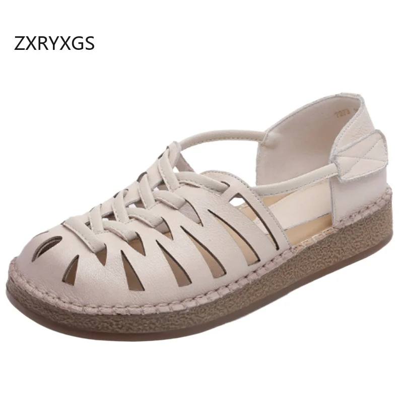 

ZXRYXGS женские сандалии премиум-класса из воловьей кожи с круглым носком, полые женские сандалии, лето 202, удобные сандалии на мягкой подошве на плоской подошве, римская обувь Tide