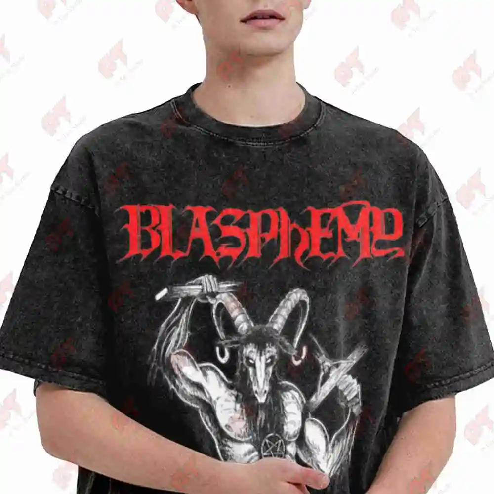 Gothic Metal Blasphemy 666 Vintage Washed Tee Pure Cotton T-Shirt
