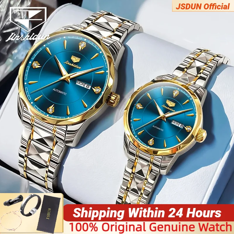 JSDUN Elegant Lover's Watches Auto Calendar Week Tungsten steel Sapphire Mirror Automatic Mechanical Watch for Men Ladies  Trend
