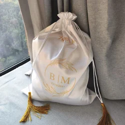 50p Luxury Silk Tassel Satin Bag Hair Extensions Wigs Makeup Packaging Bags Custom Print Logo Shoes Cosmetics Storage Gift Bag