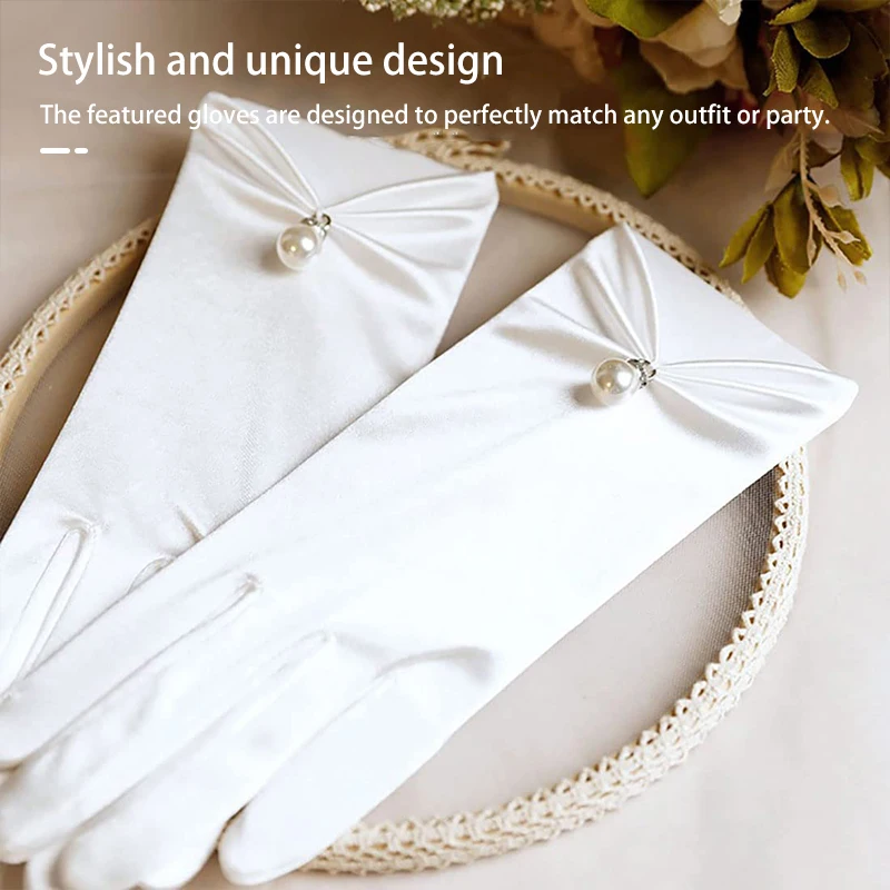 Białe suknia dla panny młodej rękawiczki krótki nadgarstek satynowe perłowe rękawiczki akcesoria ślubne na imprezę bal Cosplay wydajność kobiet rękawiczki ślubne