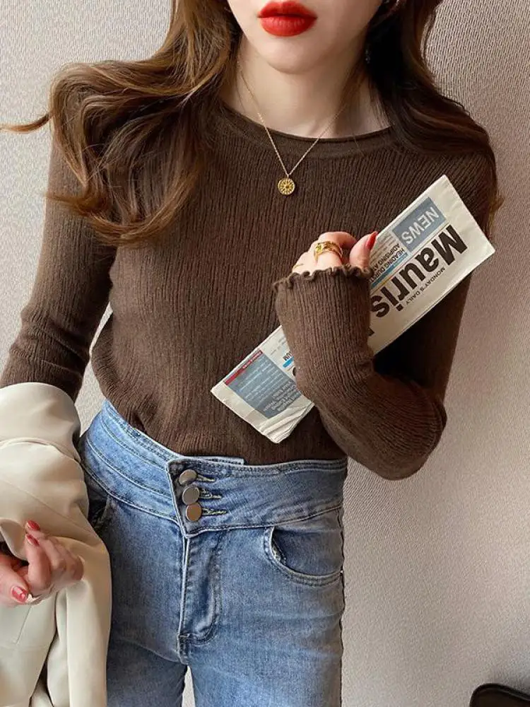 Women Pullovers Sweaters Knit Soft Jumper tops Ruched Autumn Winter Tops O-Neck Ribbed Long Sleeve Korean Slim Female Sweater