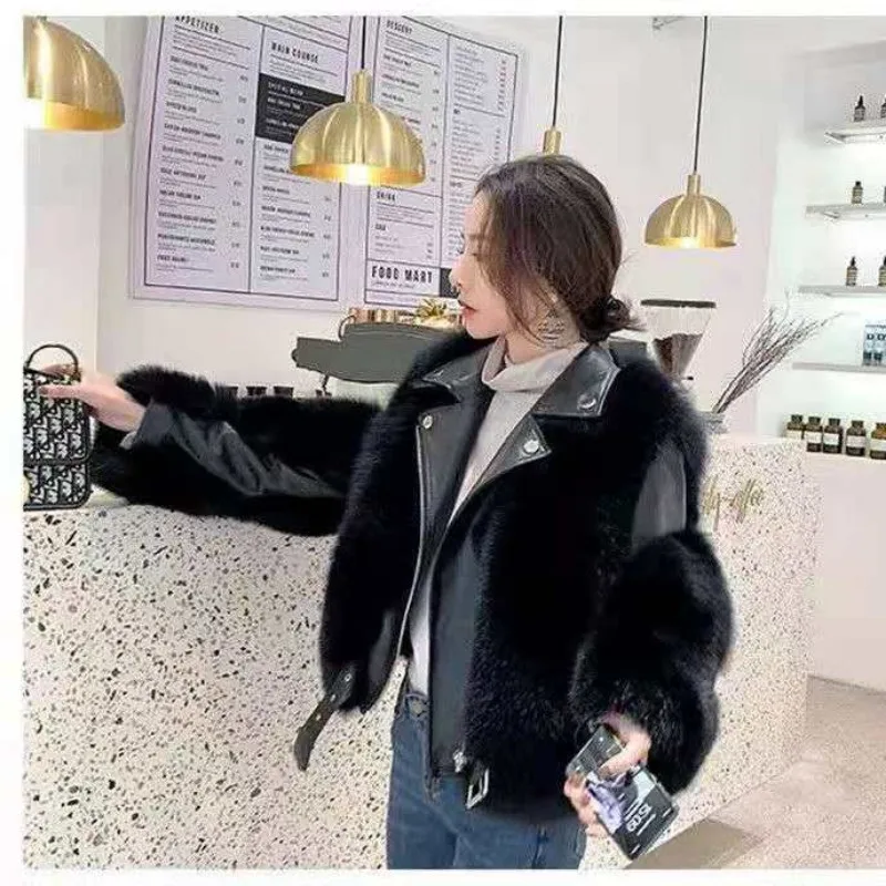 Faux Fox Fur Locomotive Suit Coats Female Faux Fur Coat Women 2023 Autumn Winter Solid Artistic Style Short Jacket Fur Coat