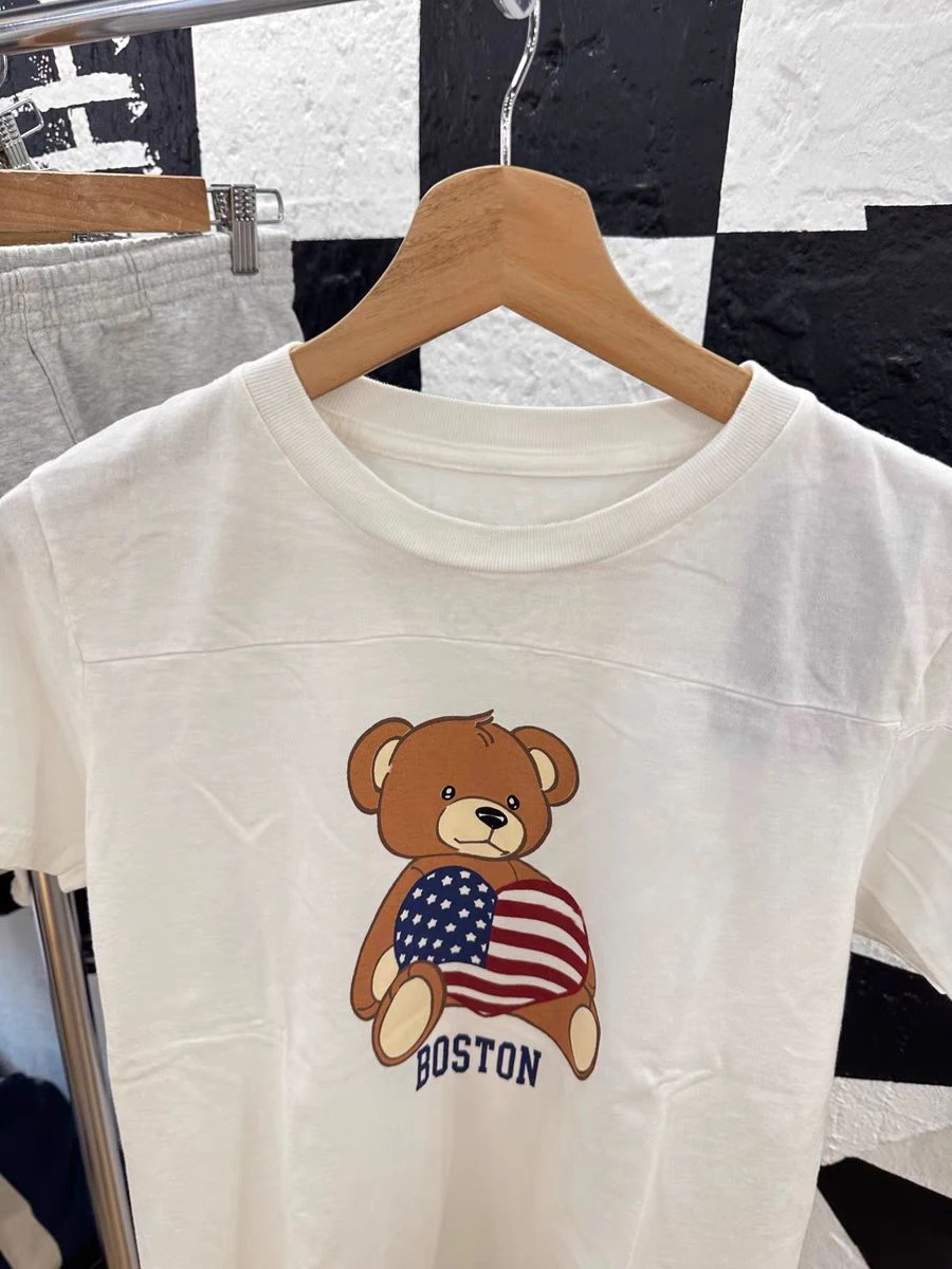 Cartoon Little Bear Print T-shirts Woman Summer O-Neck Short Sleeve Cotton Tee Shirt Casual Vintage Sweet Cute Tshirt Y2k Top