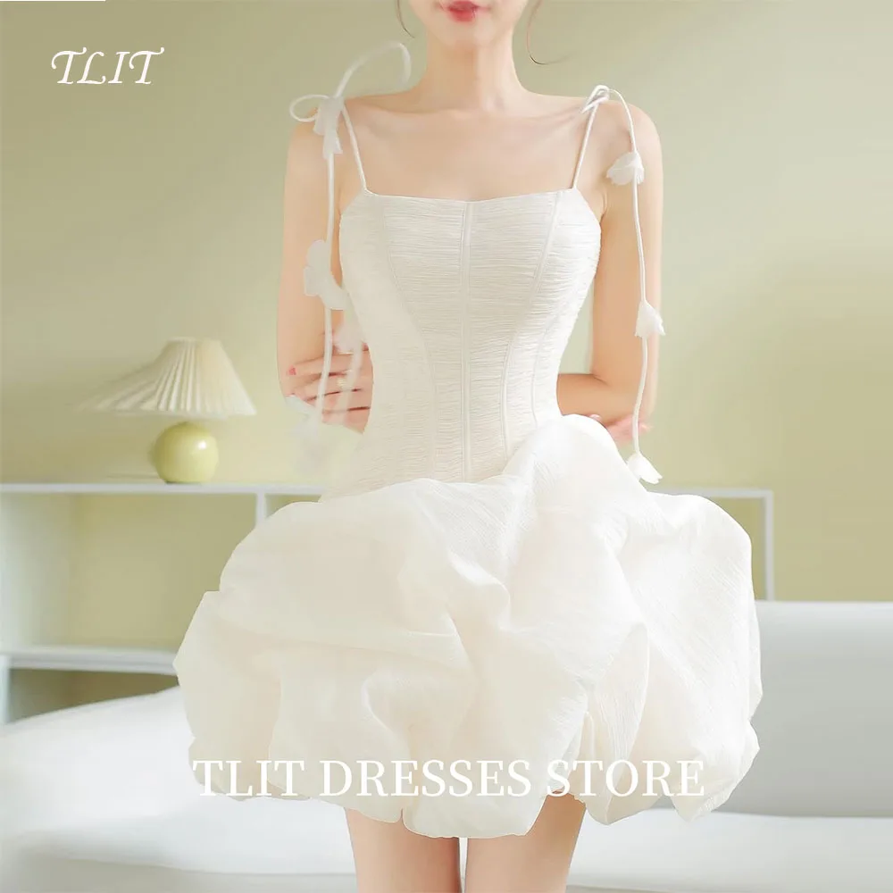 

TLIT Elegant White Short Wedding Dress Spaghetti Strap with Flowers Prom Gowns Korea Bridal Dress Photos Shoot Customized Gowns