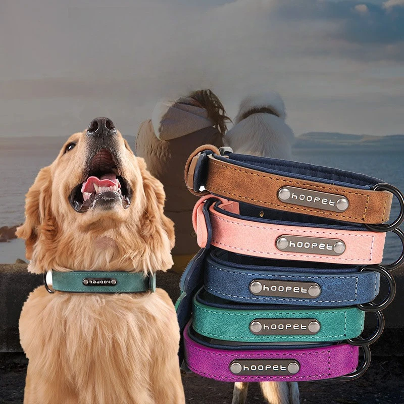 

Luxury Personalized Dog Collar Set - Genuine Leather Padded Collar & Leash with Custom Name Engraving, Gift Box for S/M/L Dogs