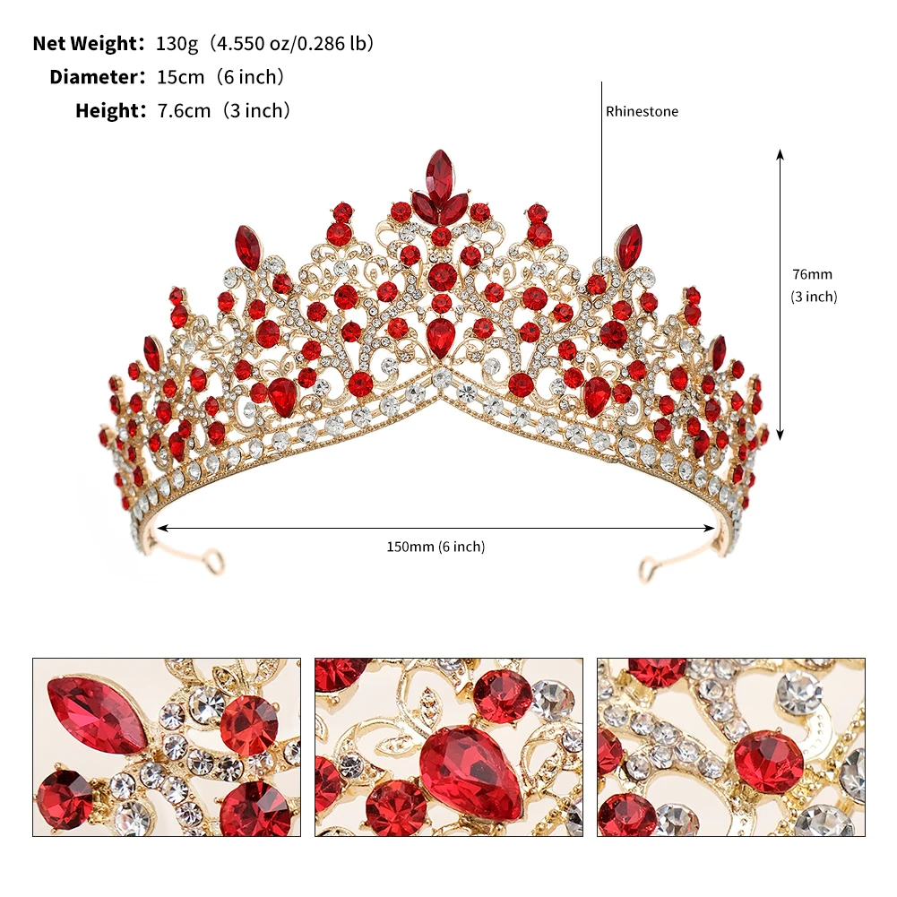 Rote Luxus Braut Hochzeit Krone handgemachte Strass elegante Tiara Halloween rote Kollektion Haarbänder Kopfschmuck Zubehör – Detail 14