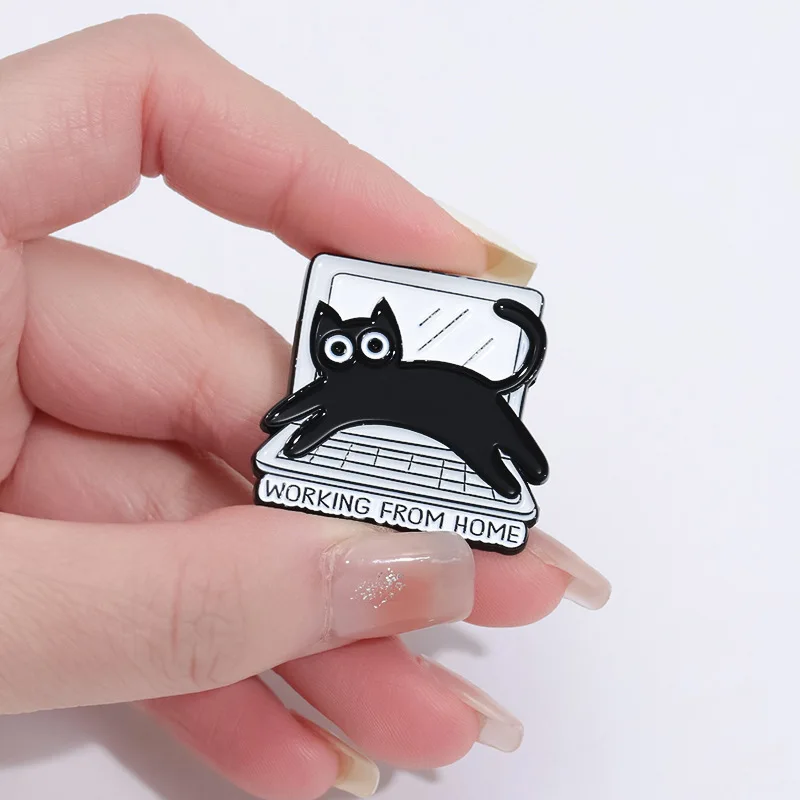 Cartoon Black Cat Enamel Pin Think Before You Click Computer Animal Brooches Metal Lapel Badge Jewelry Gift for Kids Friends