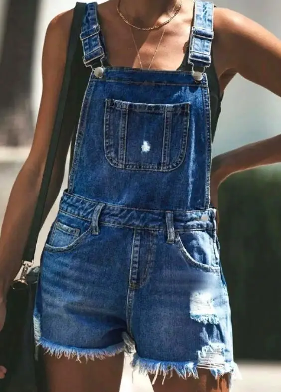 ملابس نسائية صيفية كلاسيكية بلون سادة ورقبة مربعة وحزام كتف قابل للتعديل بدون أكمام فضفاضة من قماش الدنيم بأرجل مستقيمة