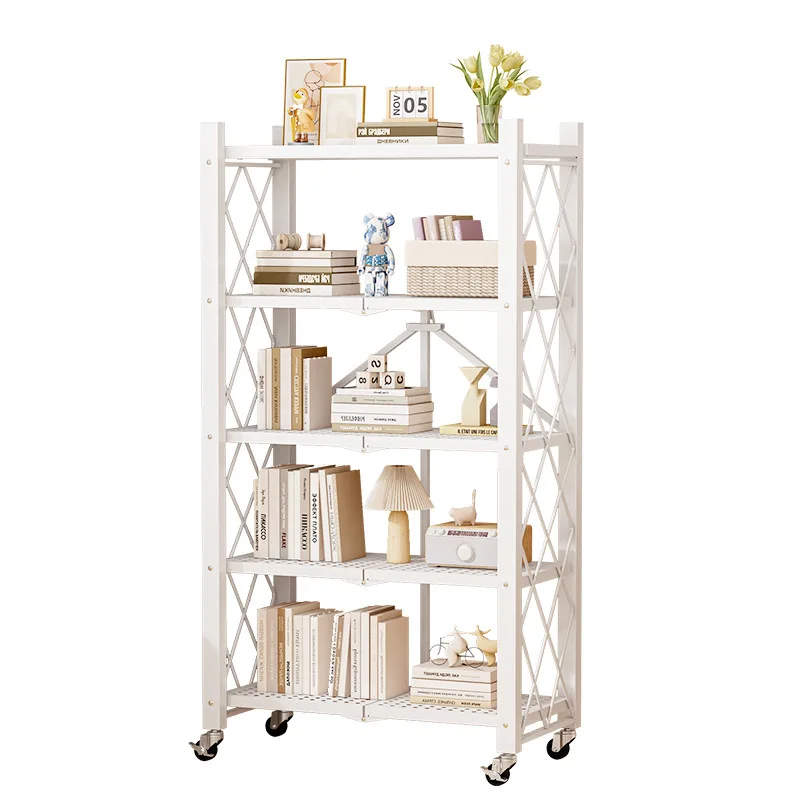 

Folding Bookshelf Shelf Floor-to-ceiling Movable Trolley with Wheels To Store Multi-layer Children's Wrought Iron Bookcase