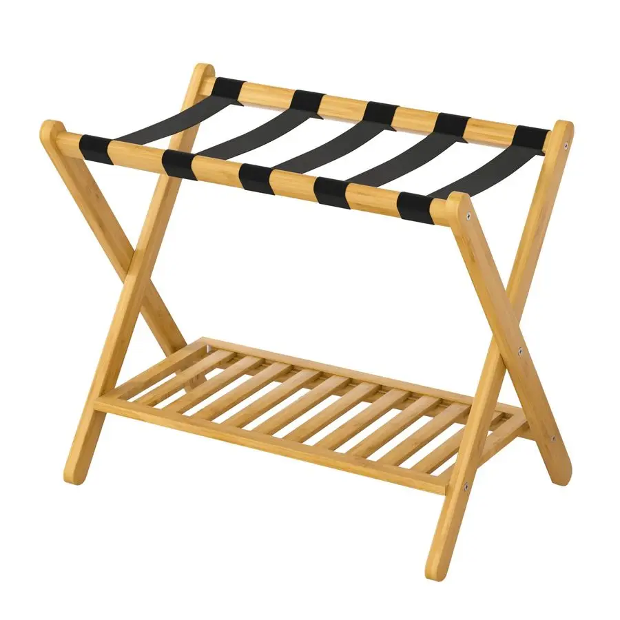 

Racks Suitcase Stand Foldable With Storage Shelf For Guest Room Hotel Essentials Solid Bamboo HeavyDuty Item Holder Natural