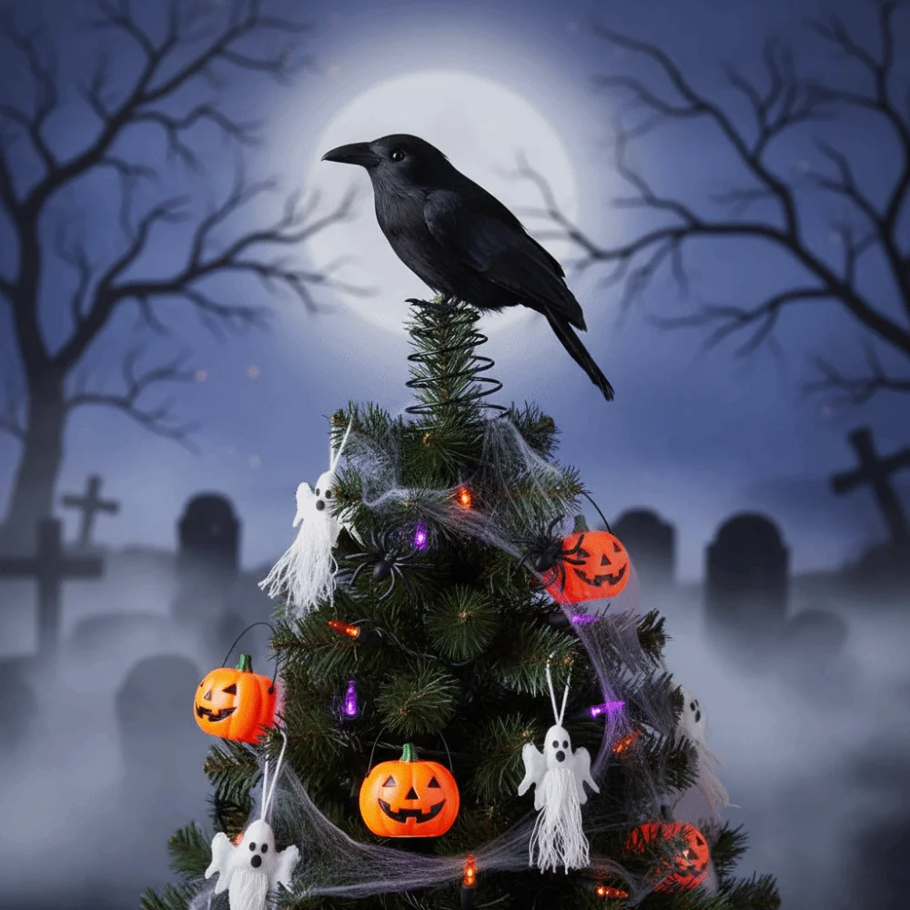 Ornement d'Halloween flexible en forme de corbeau pour le sommet de l'arbre, en mousse et paille, réaliste, pour bureau, Festival des Fantômes