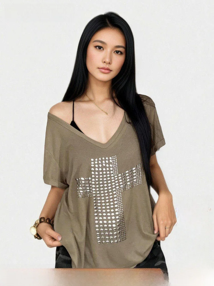 Funoff American Street Style V-Neck Copper Stamp Cross Slant Shoulder Short Sleeve T-Shirt Loose Summer Top for Women
