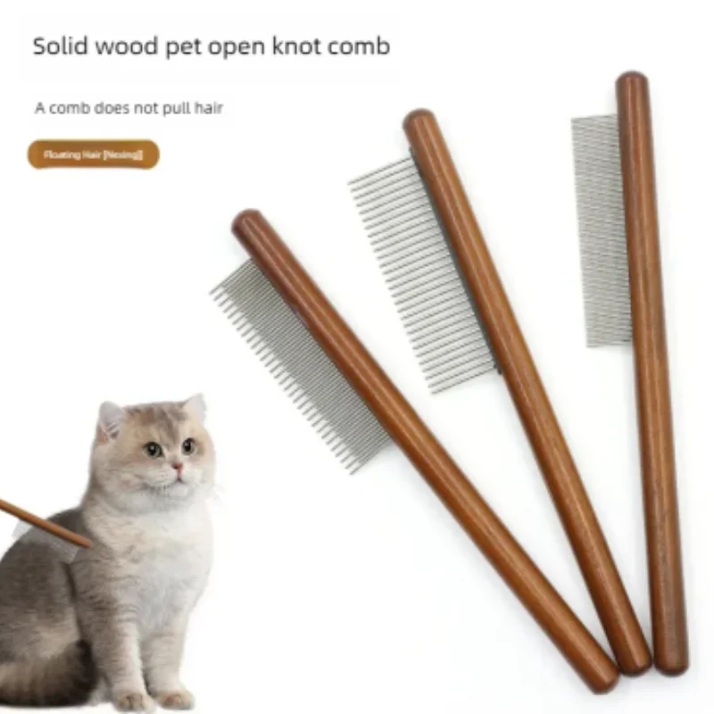 Peine para gatos de acero inoxidable, removedor de pelo para mascotas, mango de madera, peine de pelo sólido para gatos, cepillo para el cuidado de mascotas, herramienta de limpieza, suministros para mascotas