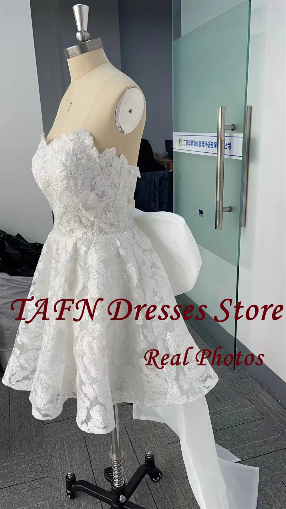 TAFN Real Photos Strapless A-line Short Wedding Dresses Luxury Lace Big Bow Bridal Gown vestidos de novia Customized