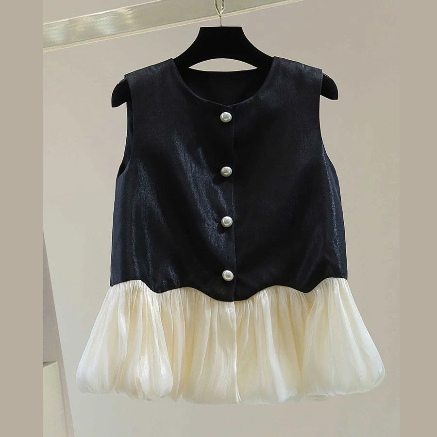 

Lotus leaf edge splicing round neck sleeveless shirt 2025 summer Korean version thin contrasting color sequined casual vest tide