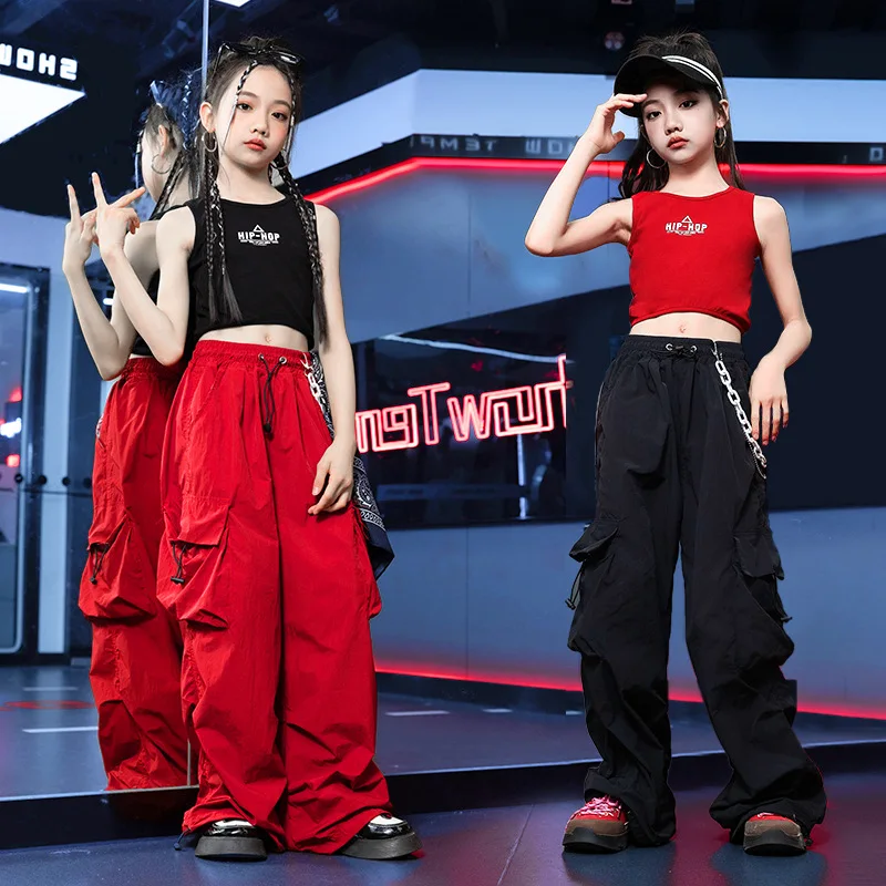 Tenue de danse Hip Hop pour enfants, olympiques de jazz Hip Hop pour filles, haut de nombril de route serré, pantalon de performance rouge, scène