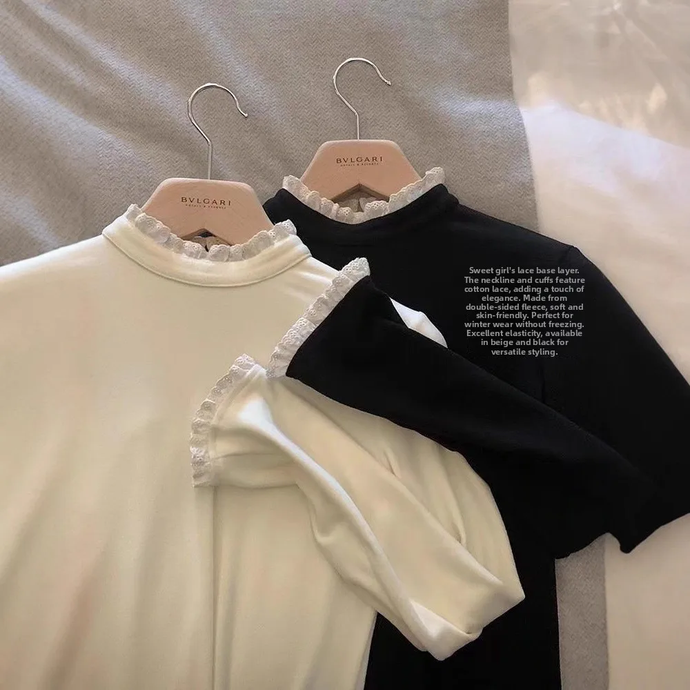 Elegant Lace Trim Base Shirt Women's Fashionable Small Fragrance Style Velvet Warm Half High Collar Underwear Top