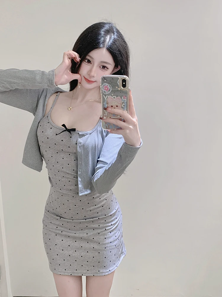 

Sexy Large Size Polka Dot Waist Cinched Bodycon Dr Two Piece Set Knitted Open Cardigan Korean Sle Slim Fit Summer Outfit