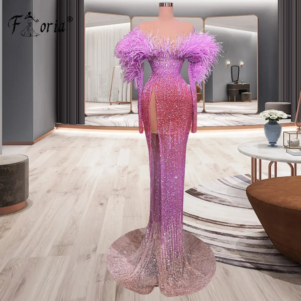 2023 Exquisite Off De Schouder Avondjurk Sparkly Crystal Backless Kralen Feather Celebrity Party Gown Pageant Vestidos