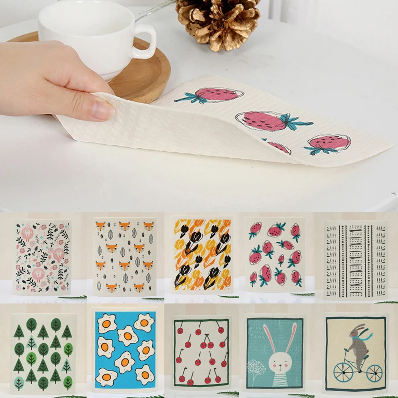 1pcs Printed Absorbent Cleaning Dishcloth Simple Style Cellulose Cleaning Cloths Reusable Wet Dry Household Kitchen Rag