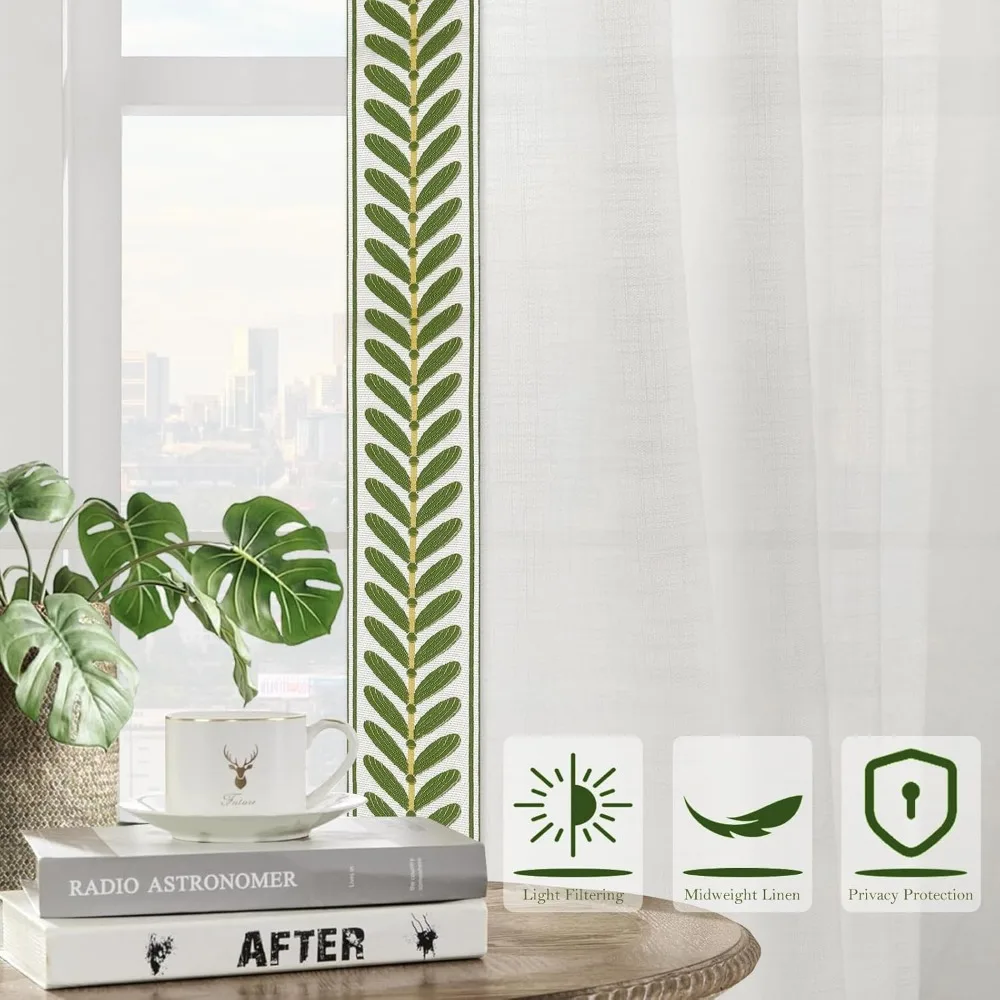 Cortinas plissadas com acabamento verde, conjunto de 2 painéis para portas deslizantes de pátio, cortinas de linho com filtragem de luz, 40" de largura