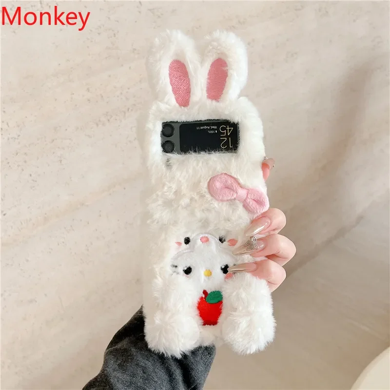 Cartoon 3D Rabbit Plush Hand Strap Suitable For Samsung Galaxy Z Flip 6 5G 5 4 3 2 1 Phone Back Cover Protective Cover Fur Shell