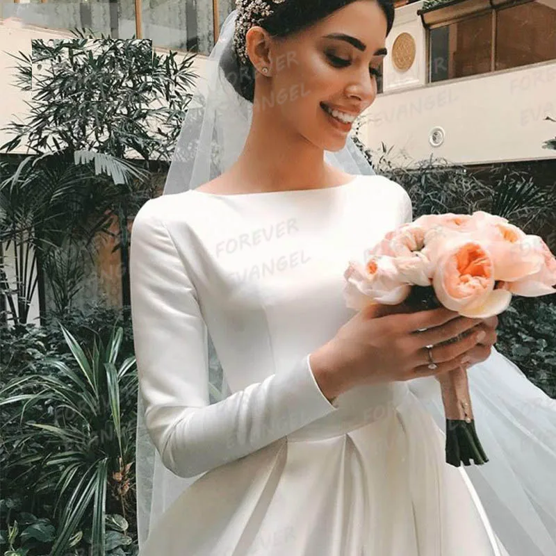 Simples muçulmano vestidos de casamento da mulher uma linha formal manga longa vestidos de noiva cetim princesa vestidos de novia robe personalizado