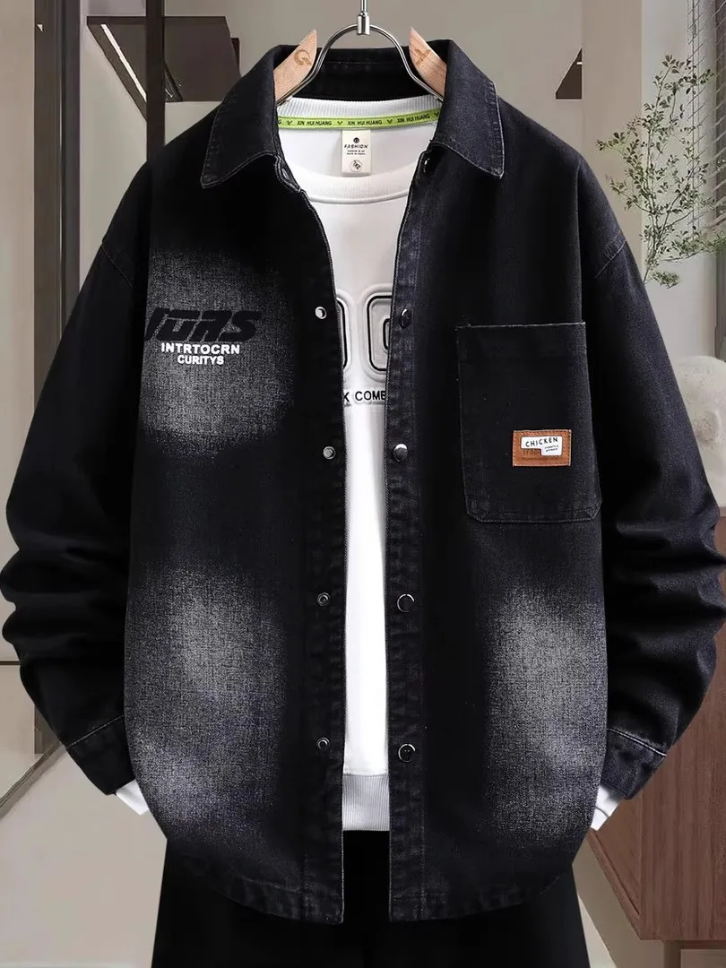 

Casual Faionable adient Denim Jaet Men's Spring Autumn Sle Loose Fit Long Sve Printed Casual Outerwear Top