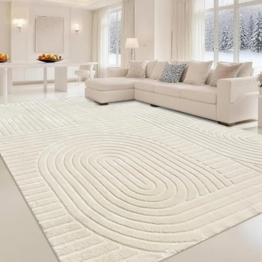 

Beige solid area rug 8x10 for living room bedroom washable soft indoor rug, modern geometric bohemian pattern, high-low pile te